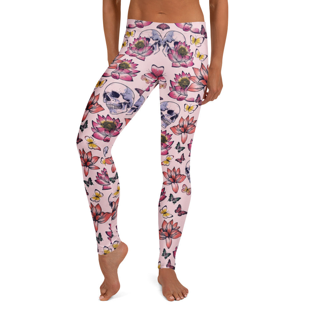 Personalisierte Sportleggings Damen Totenkopf Design Lotusblüten Schmetterlinge Rosa Fitness Leggings N665