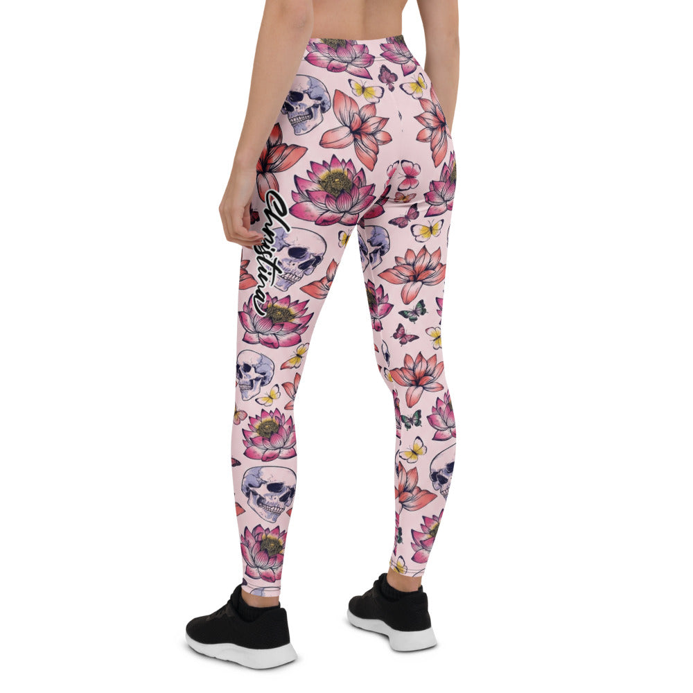 Personalisierte Sportleggings Damen Totenkopf Design Lotusblüten Schmetterlinge Rosa Fitness Leggings N665