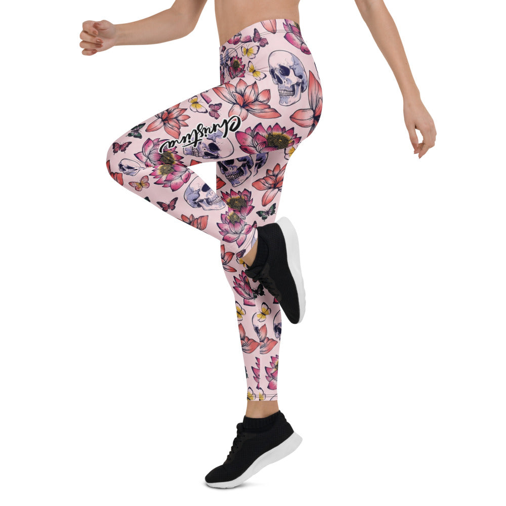 Personalisierte Sportleggings Damen Totenkopf Design Lotusblüten Schmetterlinge Rosa Fitness Leggings N665