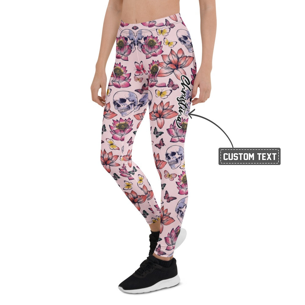 Personalisierte Sportleggings Damen Totenkopf Design Lotusblüten Schmetterlinge Rosa Fitness Leggings N665 - XL