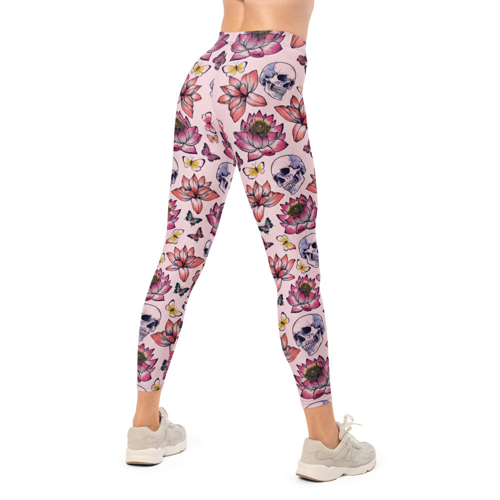Personalisierte Sportleggings Damen Totenkopf Design Lotusblüten Schmetterlinge Rosa Fitness Leggings N665