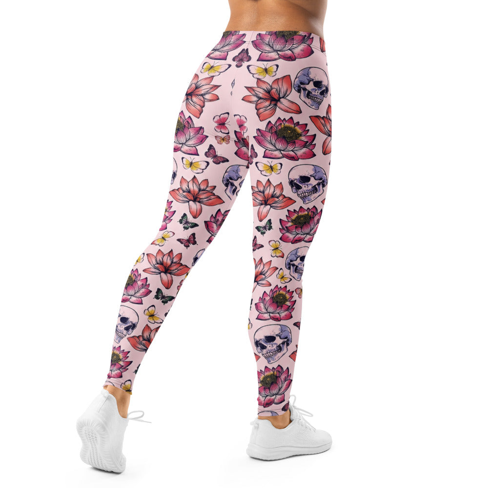 Personalisierte Sportleggings Damen Totenkopf Design Lotusblüten Schmetterlinge Rosa Fitness Leggings N665