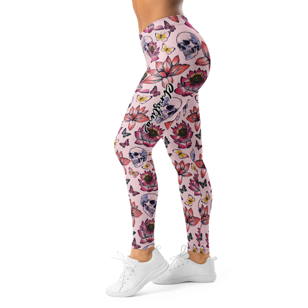 Personalisierte Sportleggings Damen Totenkopf Design Lotusblüten Schmetterlinge Rosa Fitness Leggings N665