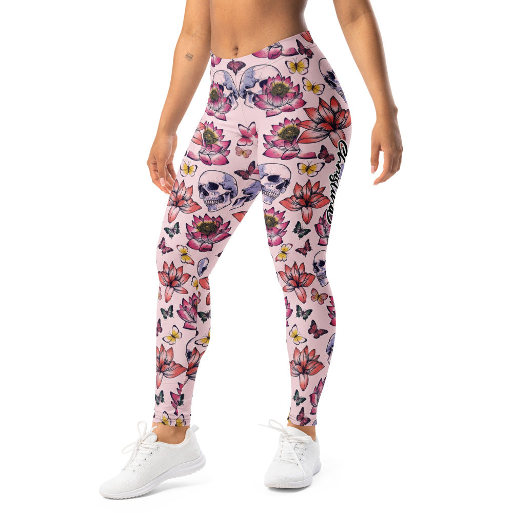 Personalisierte Sportleggings Damen Totenkopf Design Lotusblüten Schmetterlinge Rosa Fitness Leggings N665