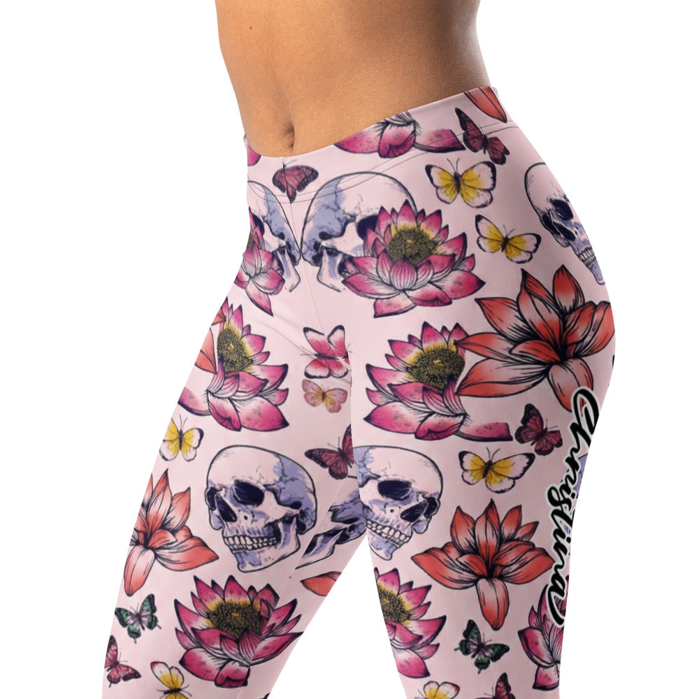 Personalisierte Sportleggings Damen Totenkopf Design Lotusblüten Schmetterlinge Rosa Fitness Leggings N665