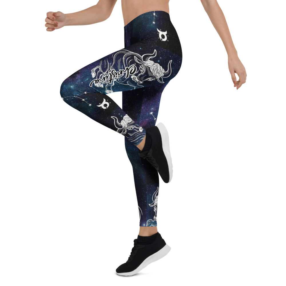 Personalisierte Damen Sportleggings Galaxie Design Sternzeichen Stier Fitness Yoga Leggings Blau Lila A735