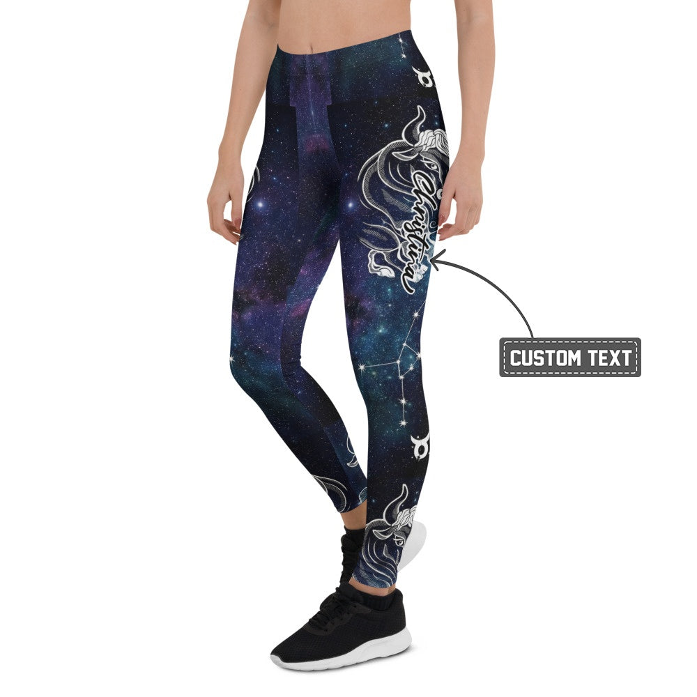 Personalisierte Damen Sportleggings Galaxie Design Sternzeichen Stier Fitness Yoga Leggings Blau Lila A735 - XL