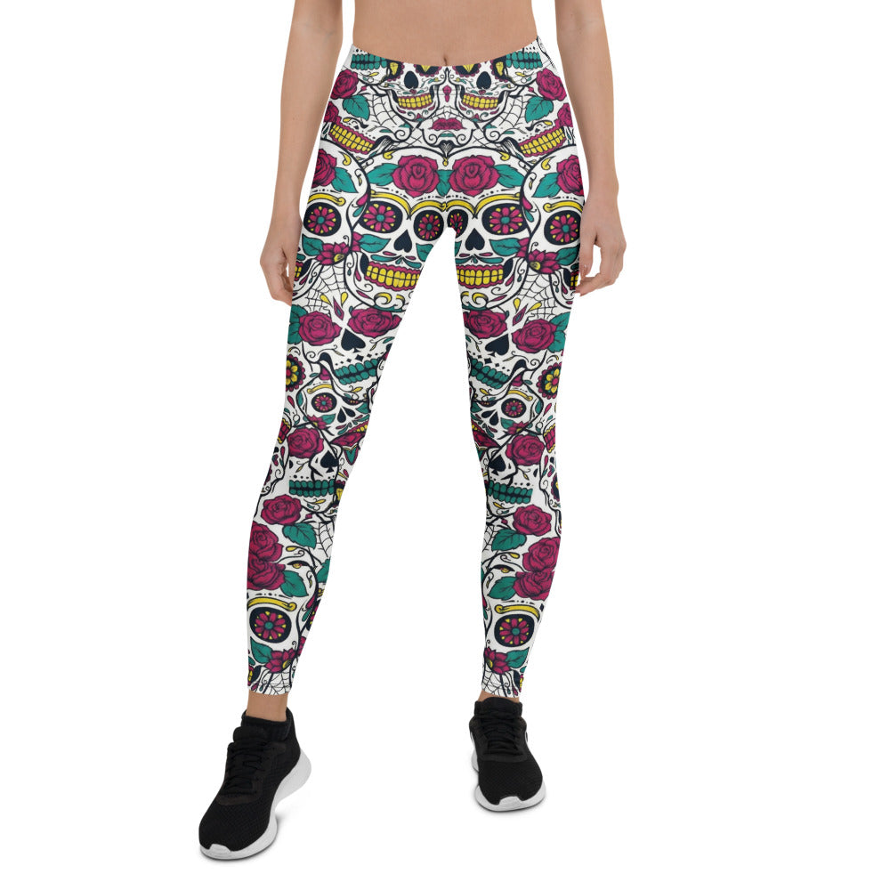 Personalisierte Sportleggings Damen Sugar Skull Totenkopf Design Rosen Muster Fitness Leggings Bunt Z316