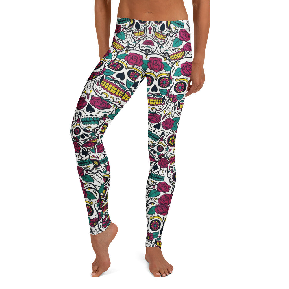 Personalisierte Sportleggings Damen Sugar Skull Totenkopf Design Rosen Muster Fitness Leggings Bunt Z316