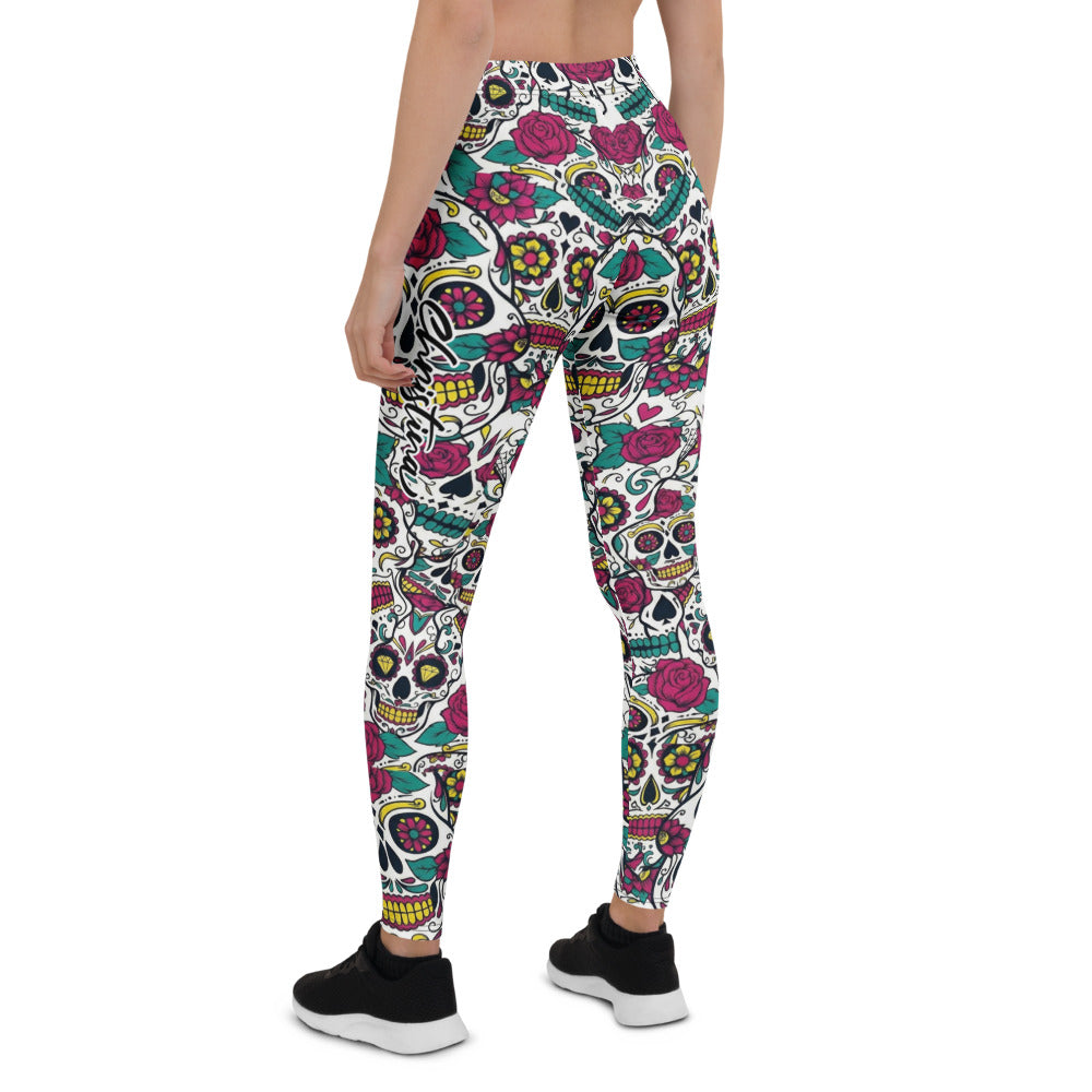 Personalisierte Sportleggings Damen Sugar Skull Totenkopf Design Rosen Muster Fitness Leggings Bunt Z316