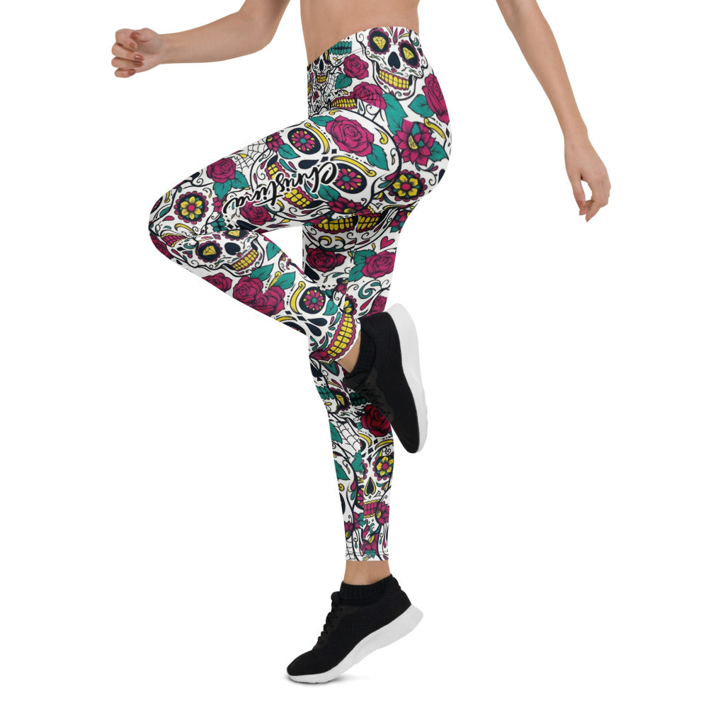 Personalisierte Sportleggings Damen Sugar Skull Totenkopf Design Rosen Muster Fitness Leggings Bunt Z316