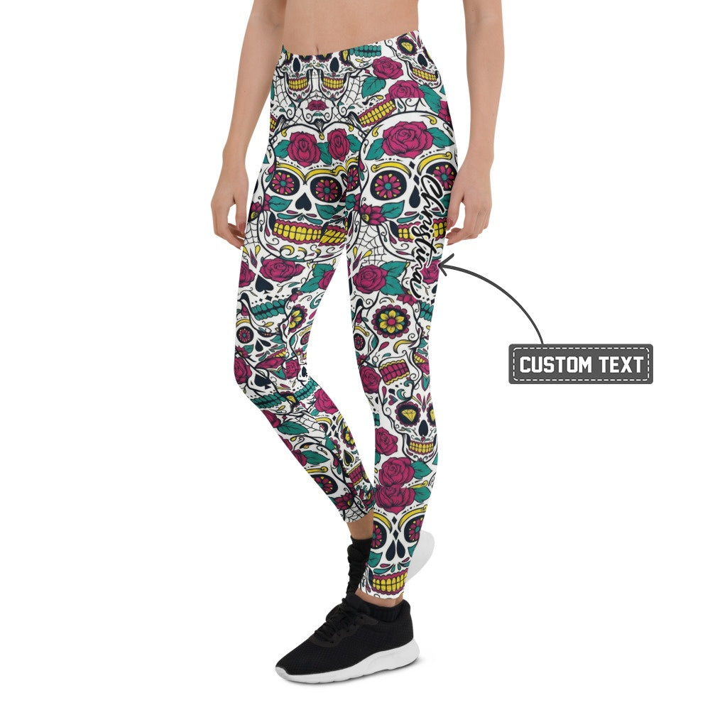 Personalisierte Sportleggings Damen Sugar Skull Totenkopf Design Rosen Muster Fitness Leggings Bunt Z316 - XL
