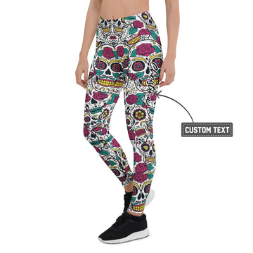 Personalisierte Sportleggings Damen Sugar Skull Totenkopf Design Rosen Muster Fitness Leggings Bunt Z316 - XL