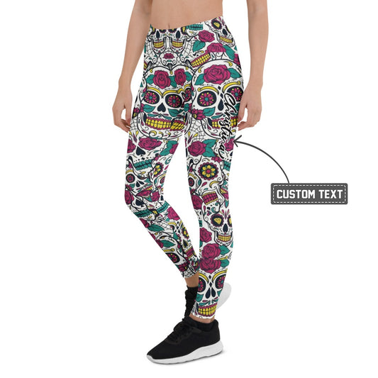 Personalisierte Sportleggings Damen Sugar Skull Totenkopf Design Rosen Muster Fitness Leggings Bunt Z316 - XL