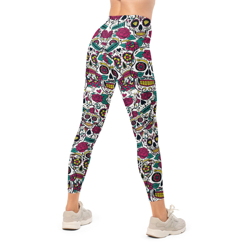 Personalisierte Sportleggings Damen Sugar Skull Totenkopf Design Rosen Muster Fitness Leggings Bunt Z316