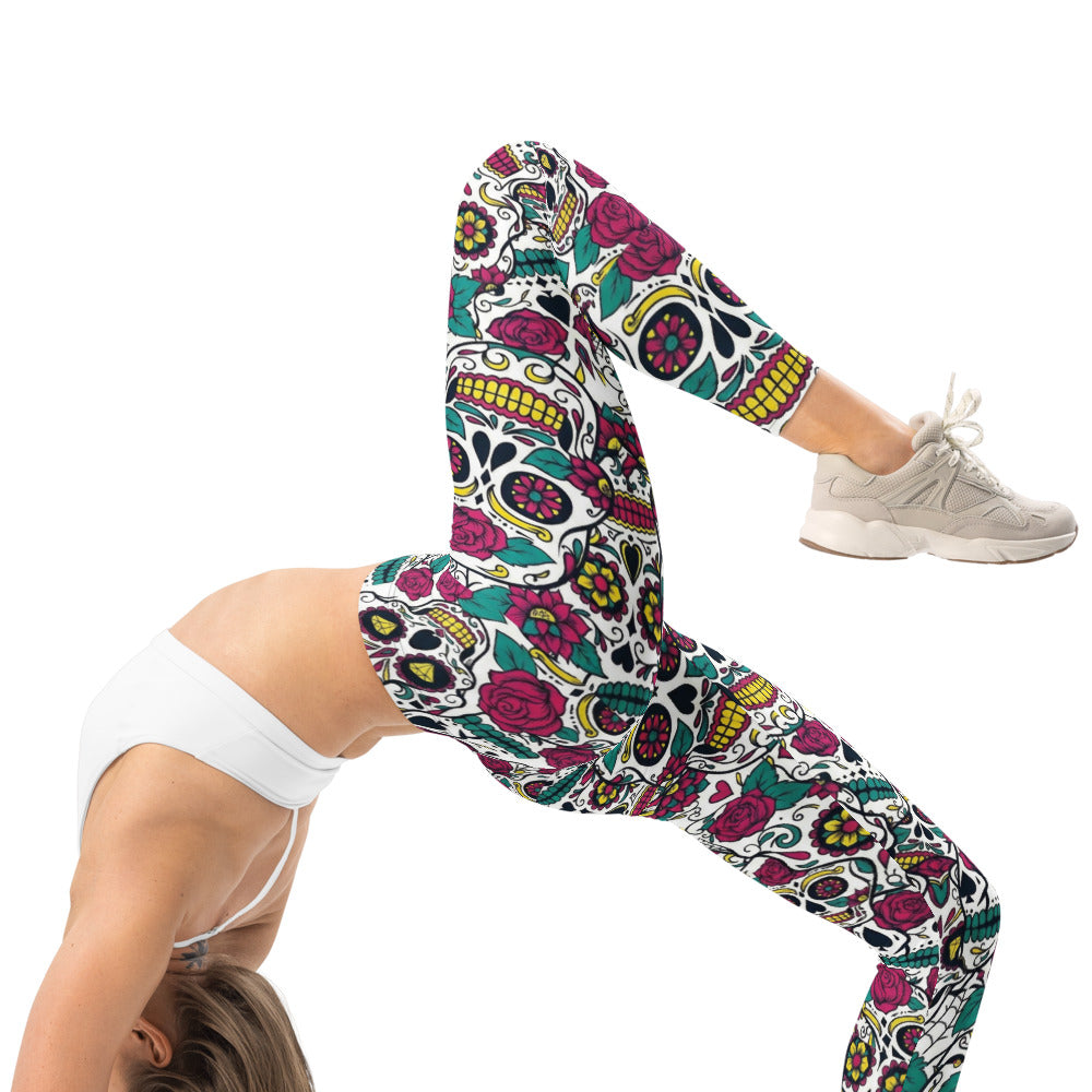 Personalisierte Sportleggings Damen Sugar Skull Totenkopf Design Rosen Muster Fitness Leggings Bunt Z316