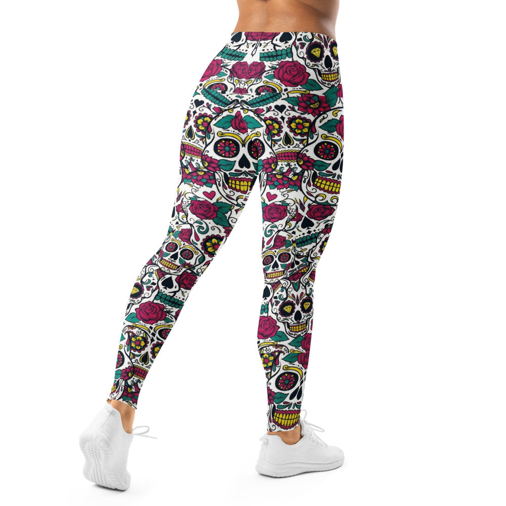 Personalisierte Sportleggings Damen Sugar Skull Totenkopf Design Rosen Muster Fitness Leggings Bunt Z316