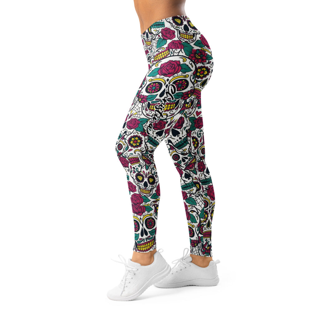 Personalisierte Sportleggings Damen Sugar Skull Totenkopf Design Rosen Muster Fitness Leggings Bunt Z316