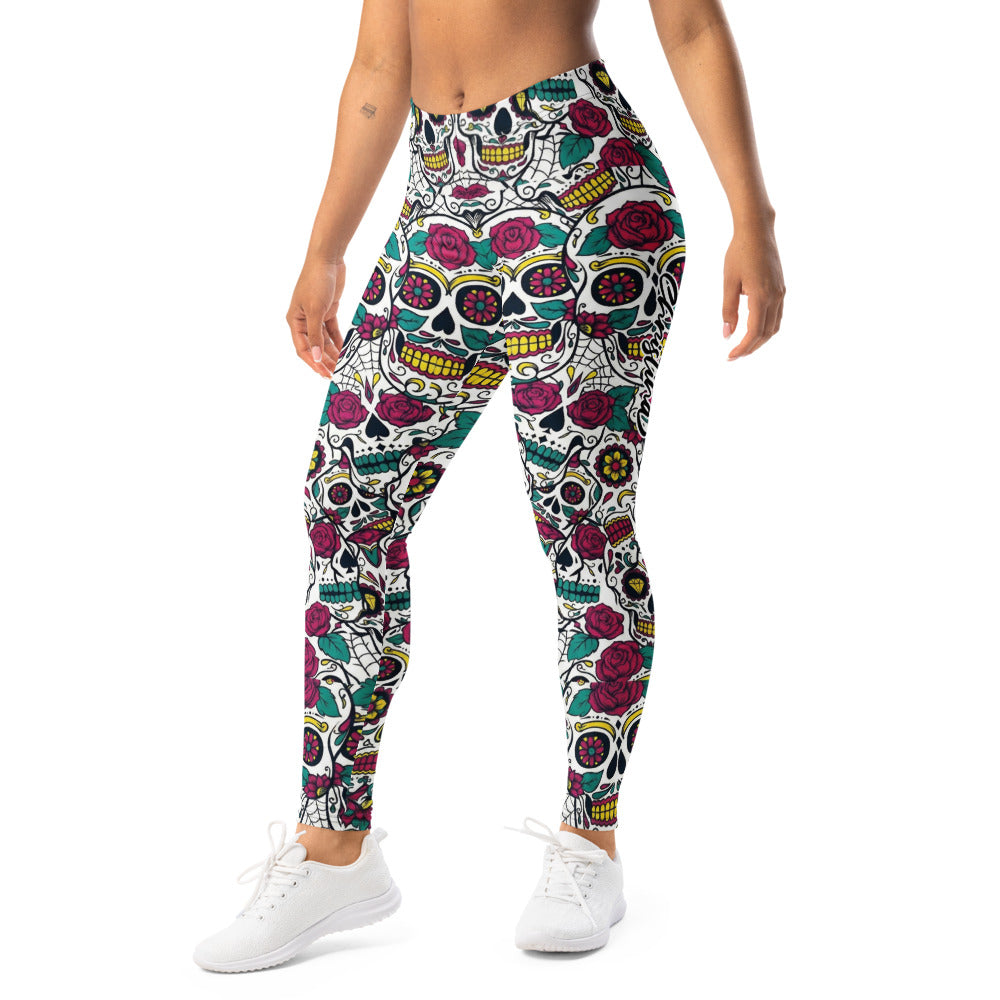 Personalisierte Sportleggings Damen Sugar Skull Totenkopf Design Rosen Muster Fitness Leggings Bunt Z316