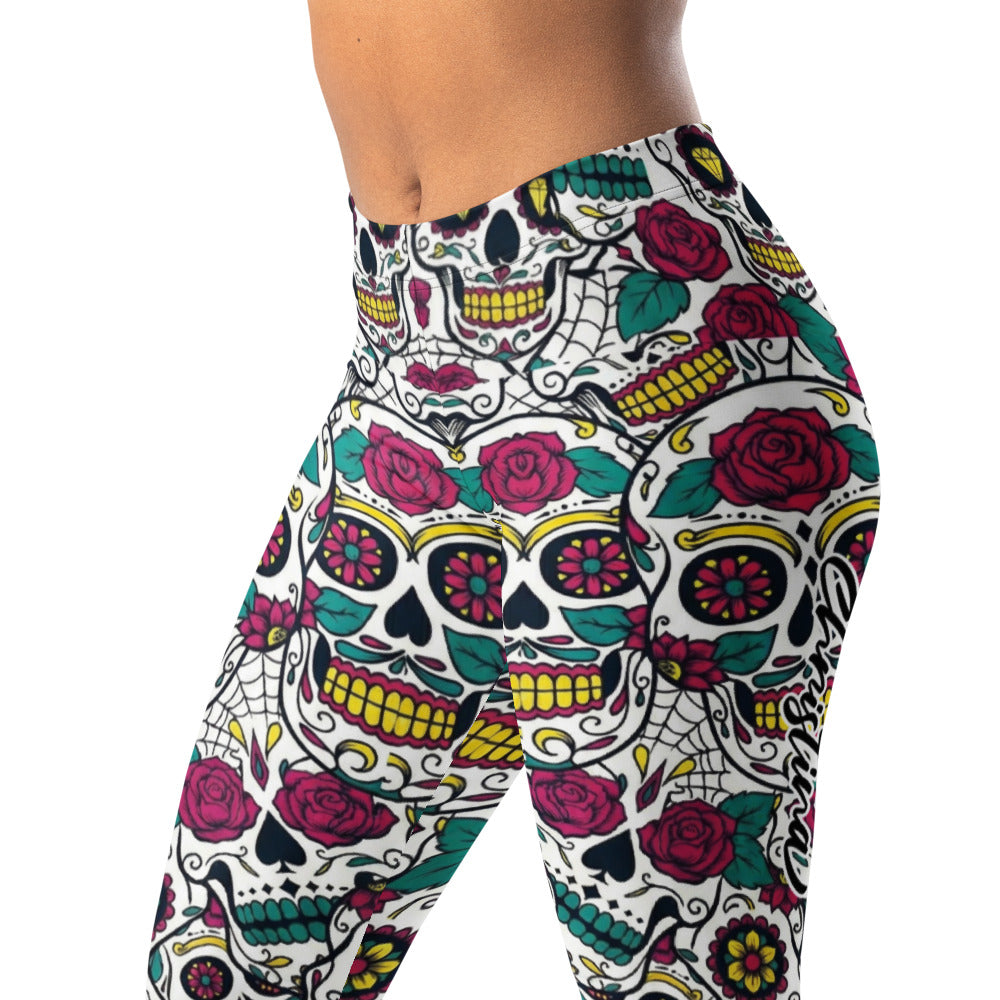 Personalisierte Sportleggings Damen Sugar Skull Totenkopf Design Rosen Muster Fitness Leggings Bunt Z316
