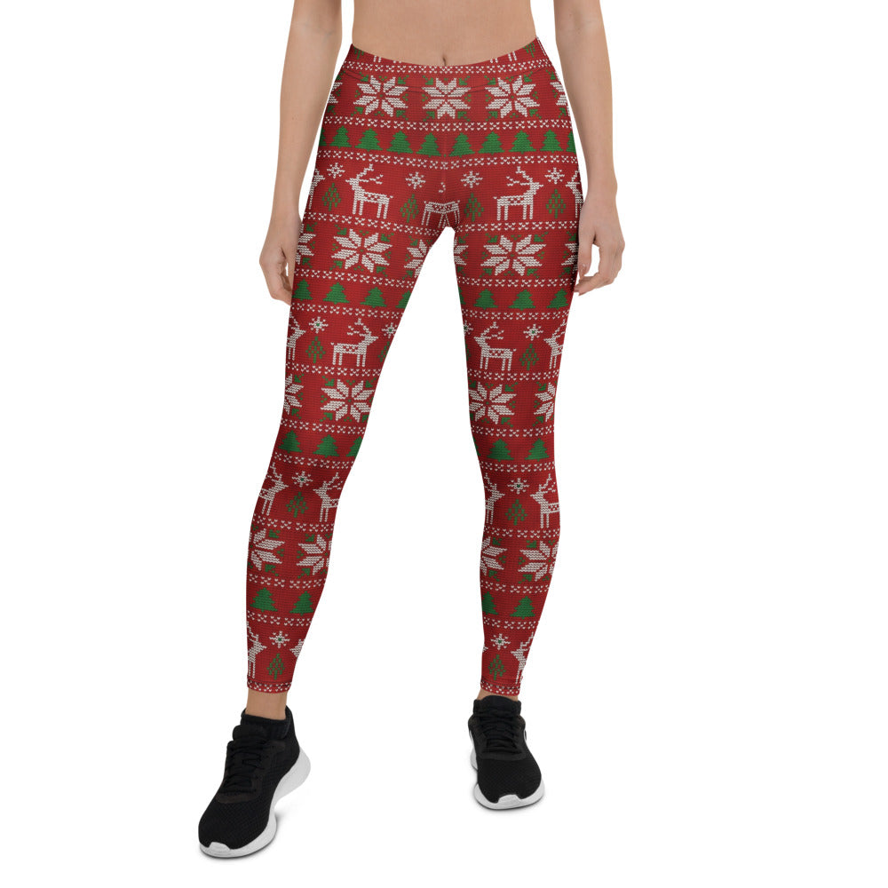 Personalisierte Damen Sportleggings Weihnachten Rot Norwegermuster Hirsch Schneeflocken Fitnesshose S792