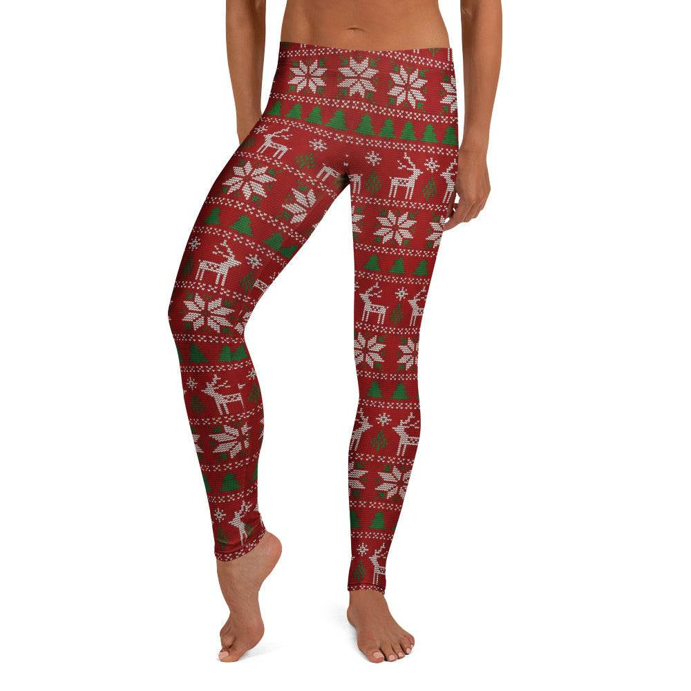 Personalisierte Damen Sportleggings Weihnachten Rot Norwegermuster Hirsch Schneeflocken Fitnesshose S792