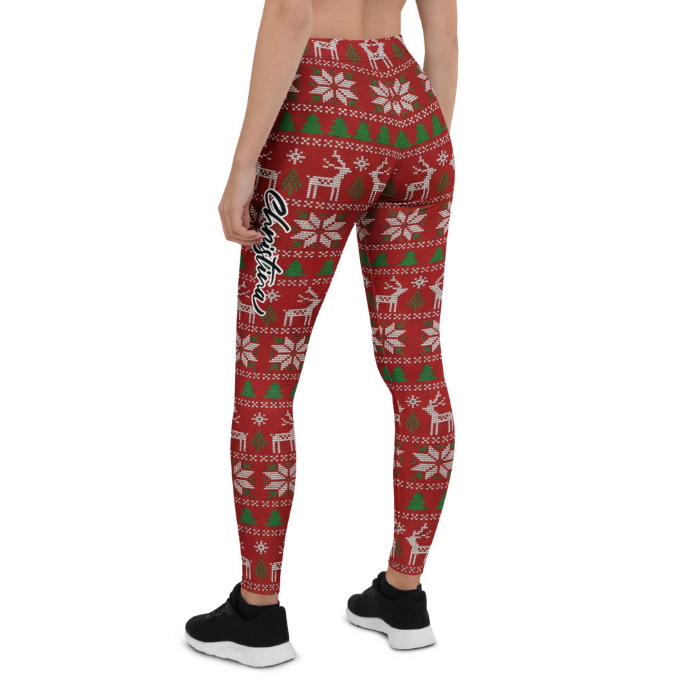 Personalisierte Damen Sportleggings Weihnachten Rot Norwegermuster Hirsch Schneeflocken Fitnesshose S792