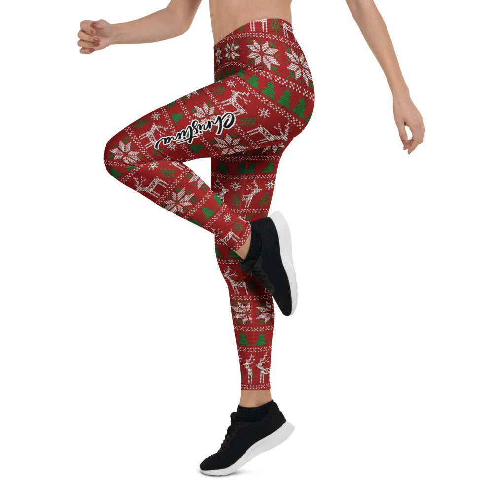 Personalisierte Damen Sportleggings Weihnachten Rot Norwegermuster Hirsch Schneeflocken Fitnesshose S792