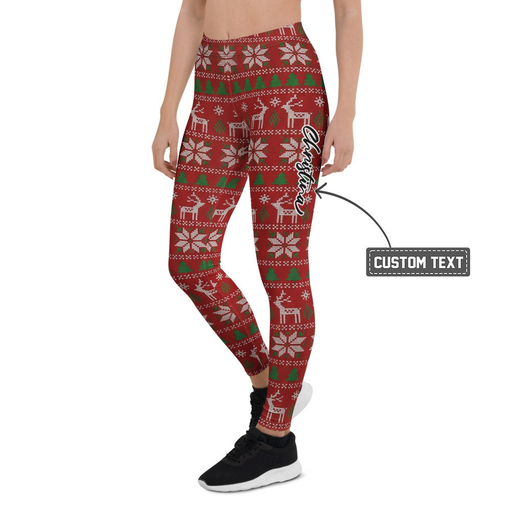 Personalisierte Damen Sportleggings Weihnachten Rot Norwegermuster Hirsch Schneeflocken Fitnesshose S792 - XL