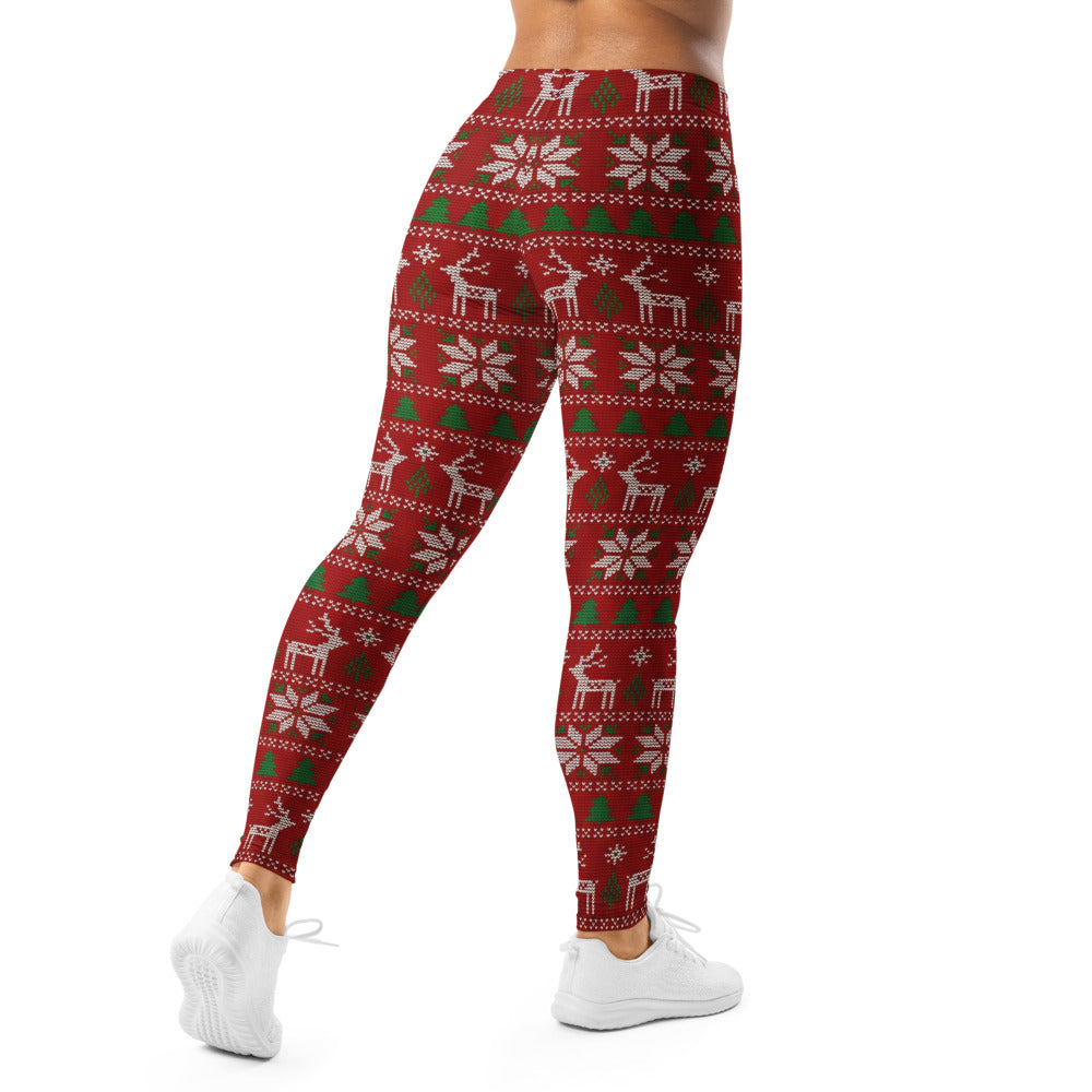 Personalisierte Damen Sportleggings Weihnachten Rot Norwegermuster Hirsch Schneeflocken Fitnesshose S792