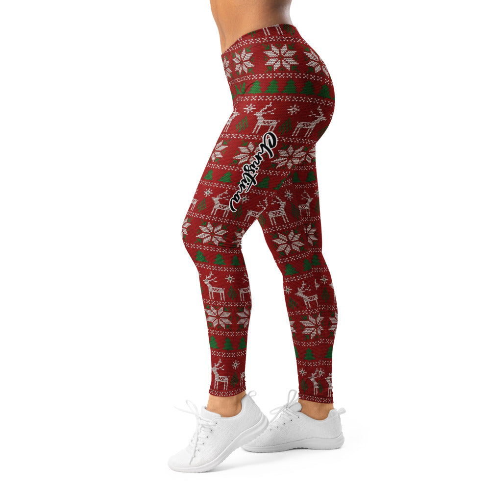 Personalisierte Damen Sportleggings Weihnachten Rot Norwegermuster Hirsch Schneeflocken Fitnesshose S792