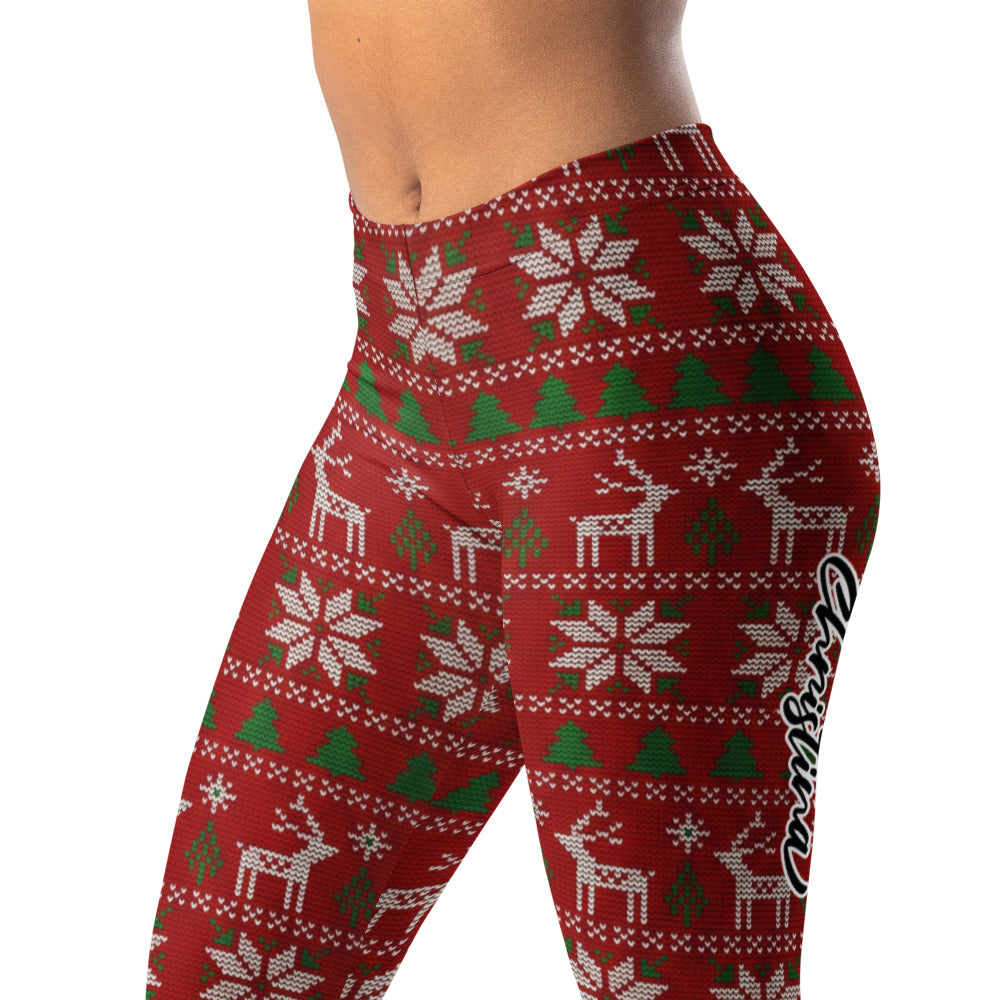 Personalisierte Damen Sportleggings Weihnachten Rot Norwegermuster Hirsch Schneeflocken Fitnesshose S792