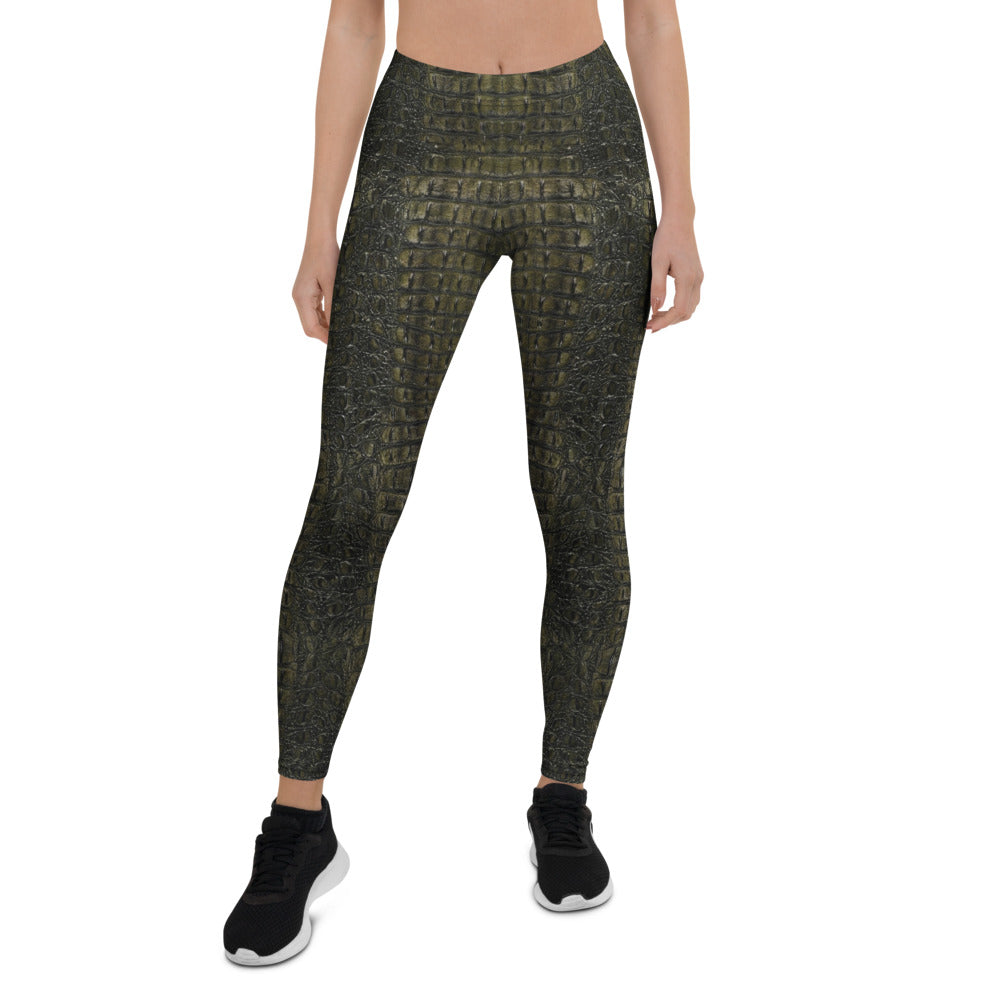 Personalisierte Sportleggings Damen Krokodil-Muster Dunkelgrün Schwarz Fitness Leggings Animal Print I326