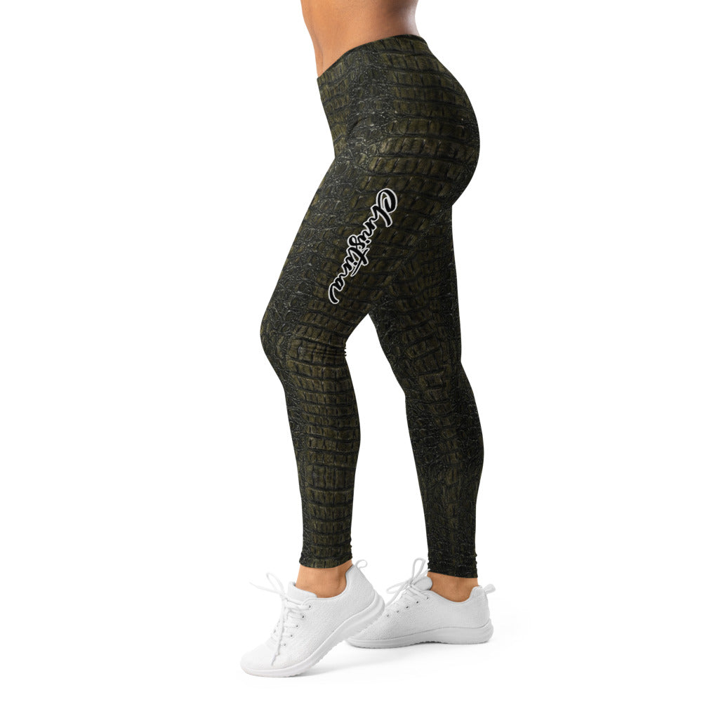 Personalisierte Sportleggings Damen Krokodil-Muster Dunkelgrün Schwarz Fitness Leggings Animal Print I326