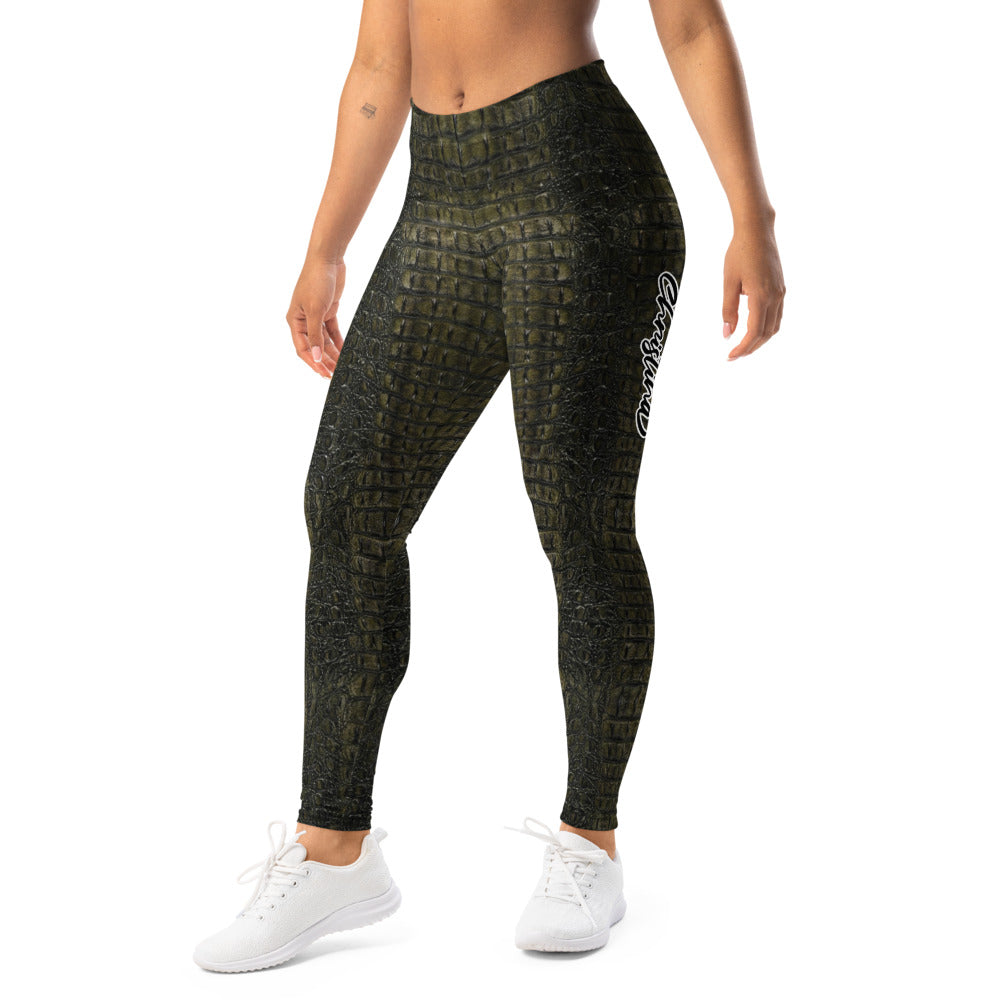 Personalisierte Sportleggings Damen Krokodil-Muster Dunkelgrün Schwarz Fitness Leggings Animal Print I326