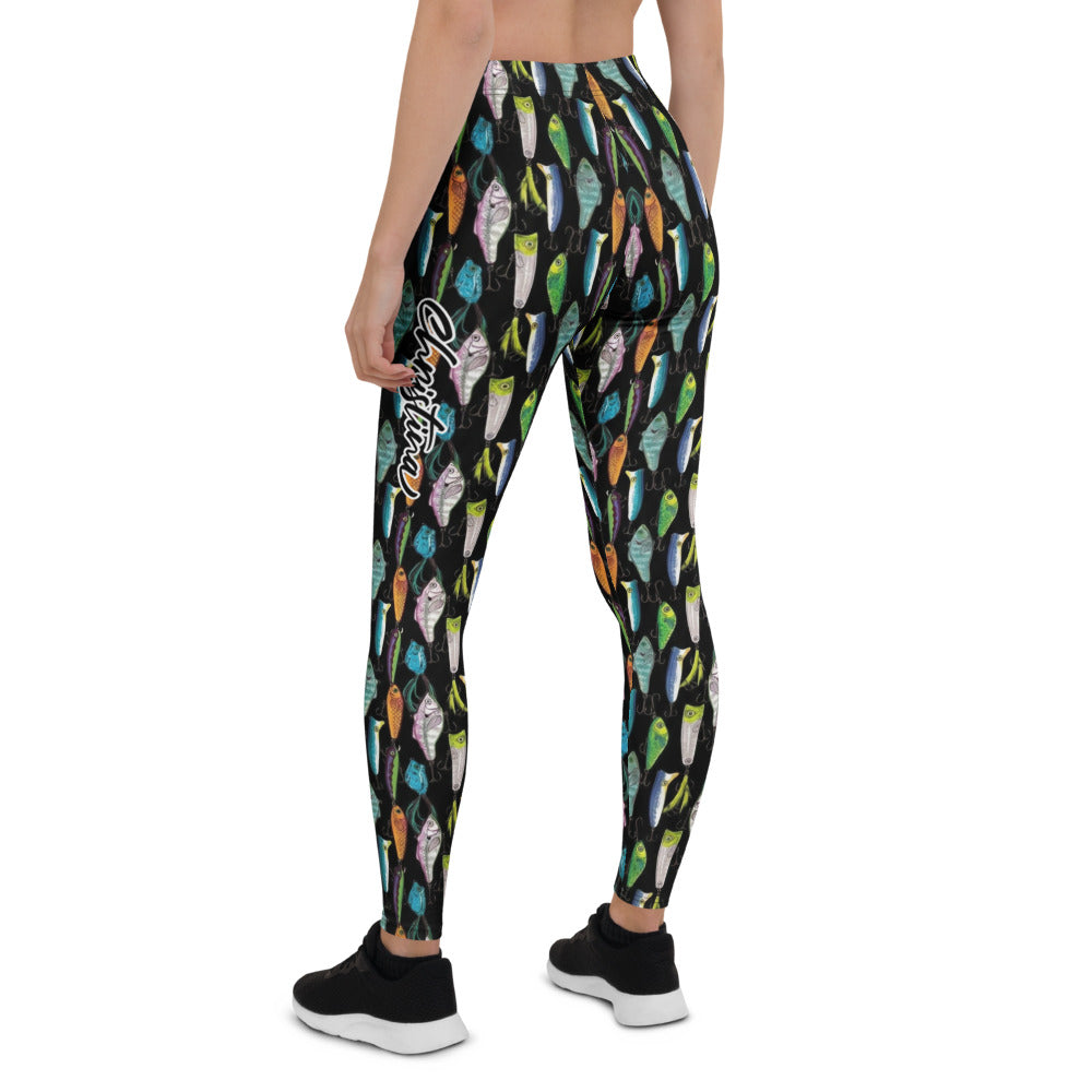 Personalisierte Damen Sportleggings Angel-Motiv Schwarz Bunt Fitness Leggings Köder Design Yoga Hose I883