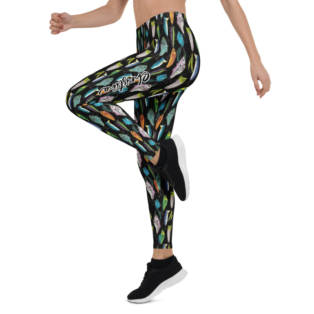 Personalisierte Damen Sportleggings Angel-Motiv Schwarz Bunt Fitness Leggings Köder Design Yoga Hose I883
