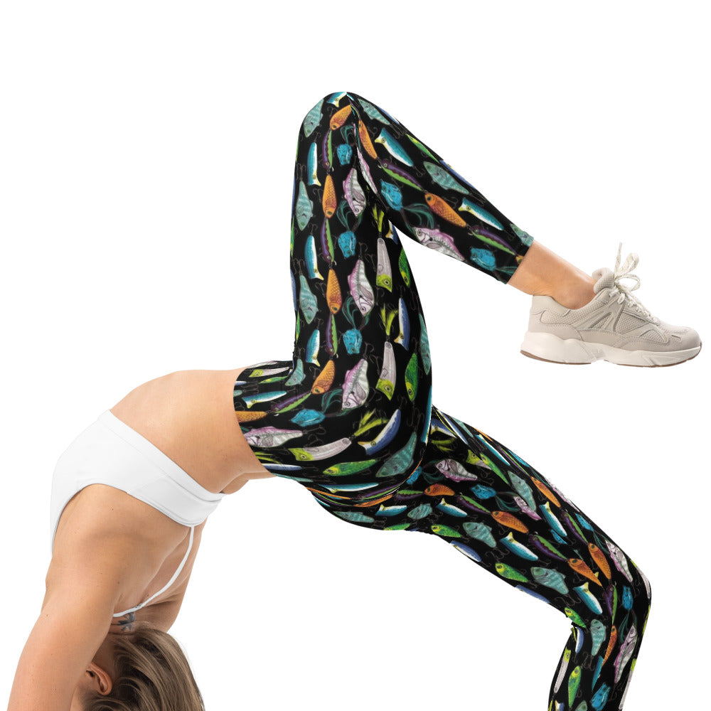 Personalisierte Damen Sportleggings Angel-Motiv Schwarz Bunt Fitness Leggings Köder Design Yoga Hose I883