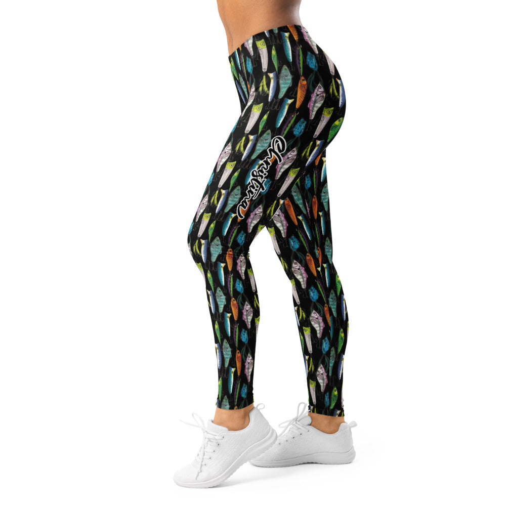 Personalisierte Damen Sportleggings Angel-Motiv Schwarz Bunt Fitness Leggings Köder Design Yoga Hose I883