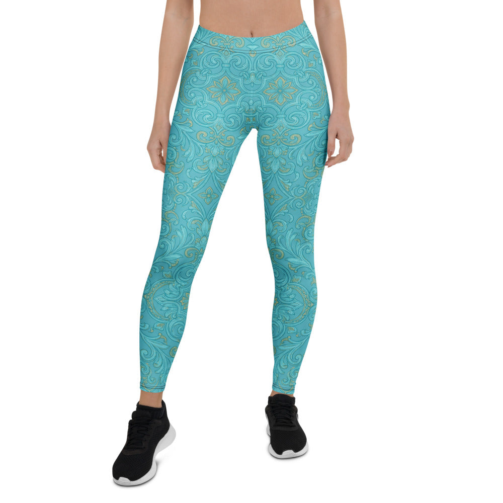 Personalisierte Damen Sportleggings Türkis Gold Barock Ornament Muster Fitness Leggings Yoga Hose J002