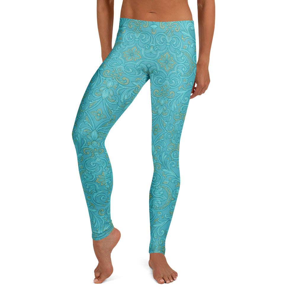 Personalisierte Damen Sportleggings Türkis Gold Barock Ornament Muster Fitness Leggings Yoga Hose J002