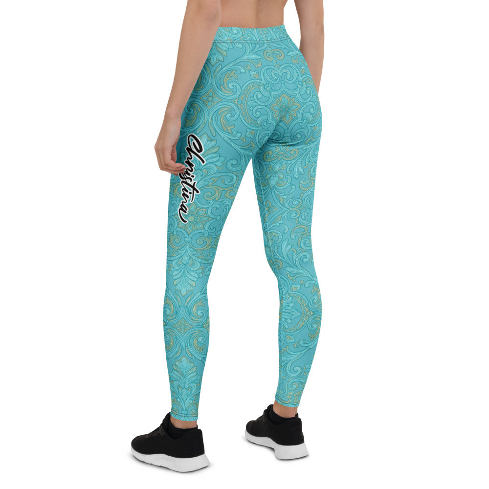 Personalisierte Damen Sportleggings Türkis Gold Barock Ornament Muster Fitness Leggings Yoga Hose J002