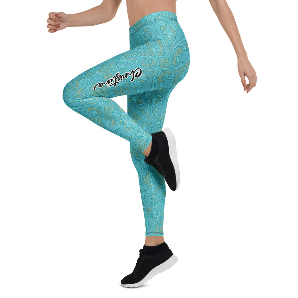 Personalisierte Damen Sportleggings Türkis Gold Barock Ornament Muster Fitness Leggings Yoga Hose J002