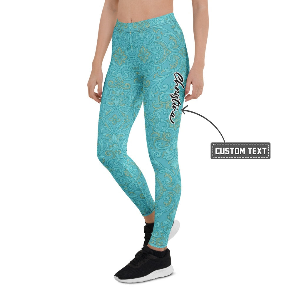 Personalisierte Damen Sportleggings Türkis Gold Barock Ornament Muster Fitness Leggings Yoga Hose J002 - XL