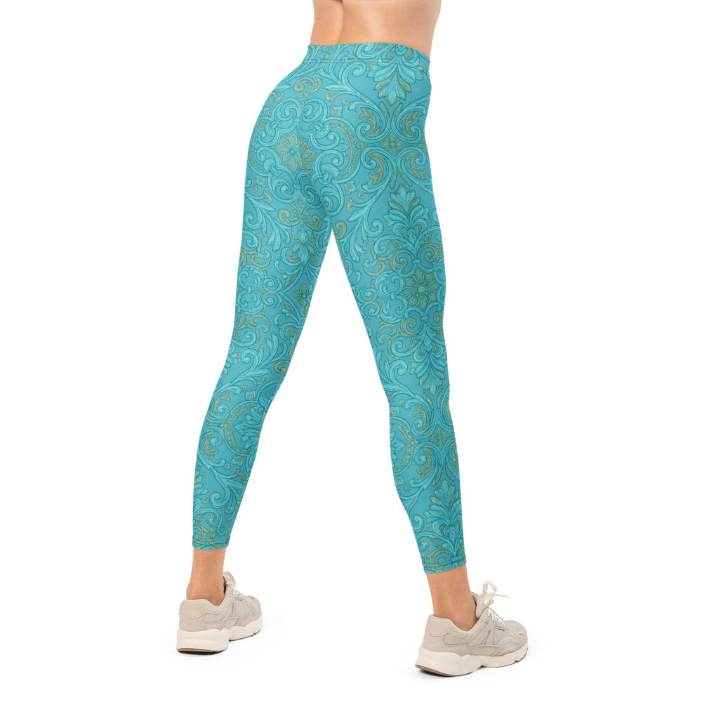 Personalisierte Damen Sportleggings Türkis Gold Barock Ornament Muster Fitness Leggings Yoga Hose J002