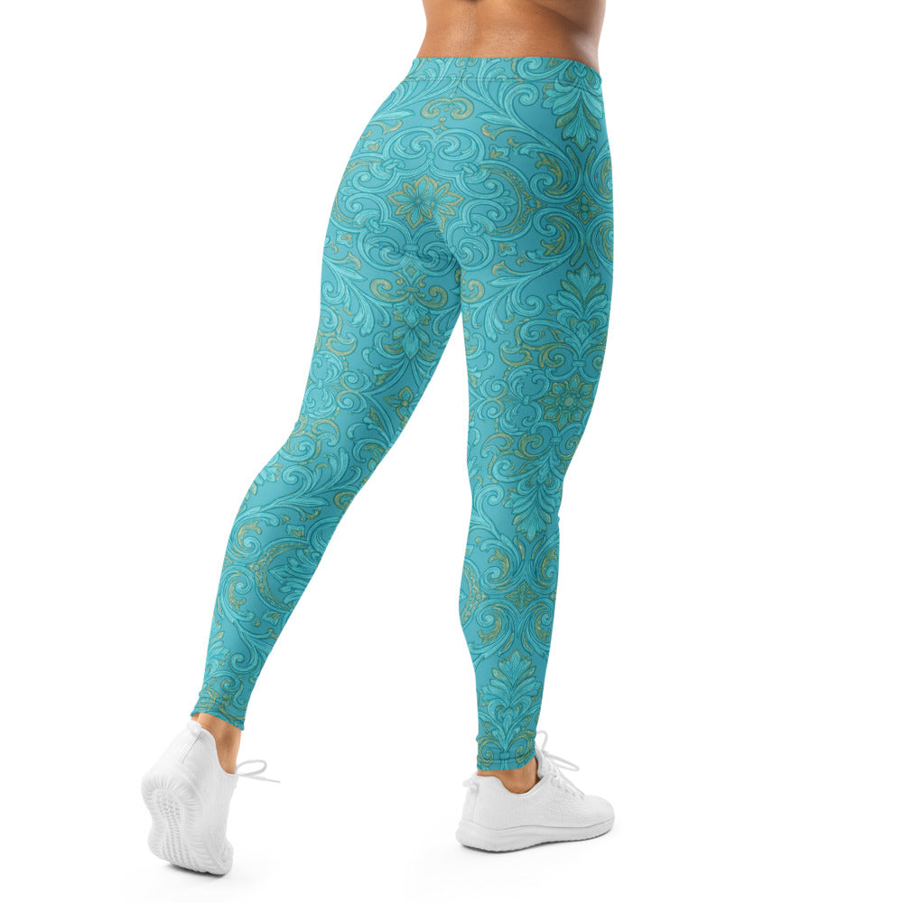 Personalisierte Damen Sportleggings Türkis Gold Barock Ornament Muster Fitness Leggings Yoga Hose J002