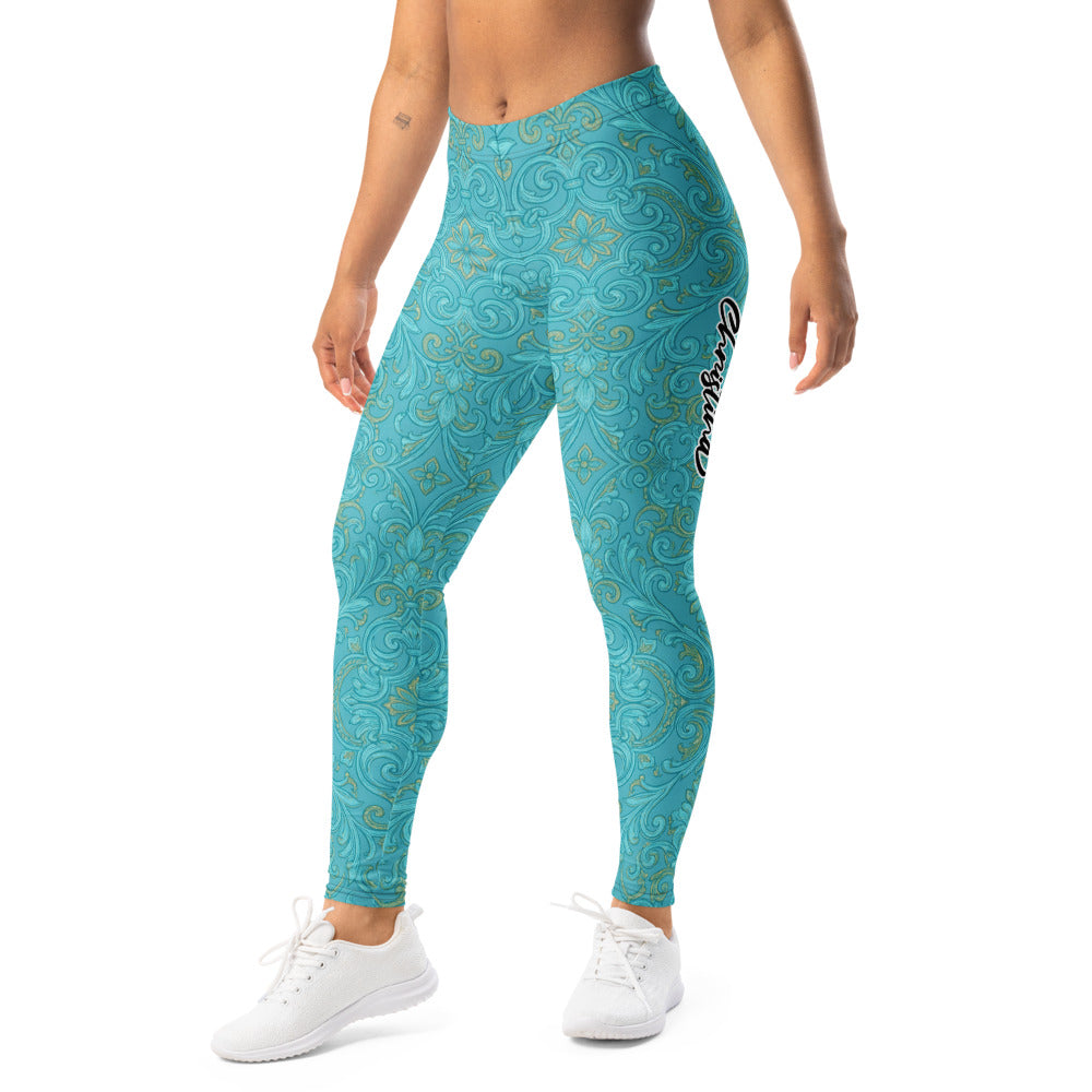 Personalisierte Damen Sportleggings Türkis Gold Barock Ornament Muster Fitness Leggings Yoga Hose J002
