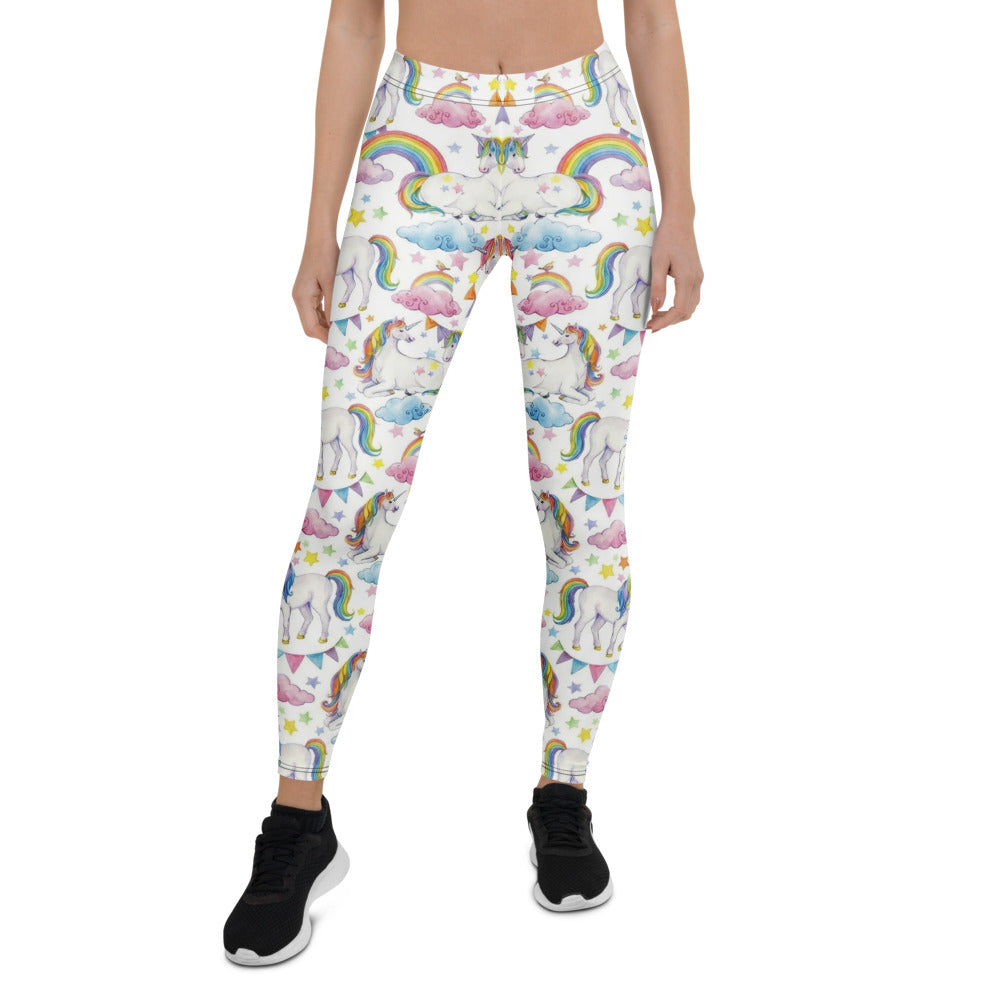 Personalisierte Damen Sportleggings Einhorn Regenbogen Design Weiß Bunt Fitness Yoga Leggings W622