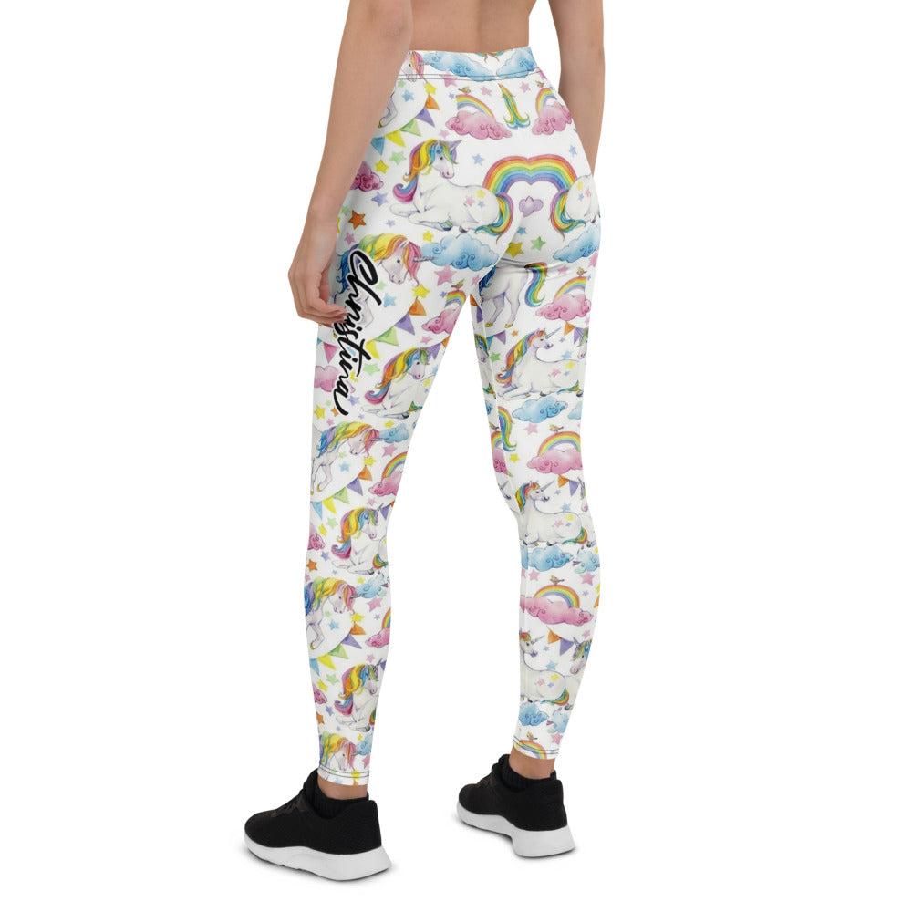 Personalisierte Damen Sportleggings Einhorn Regenbogen Design Weiß Bunt Fitness Yoga Leggings W622