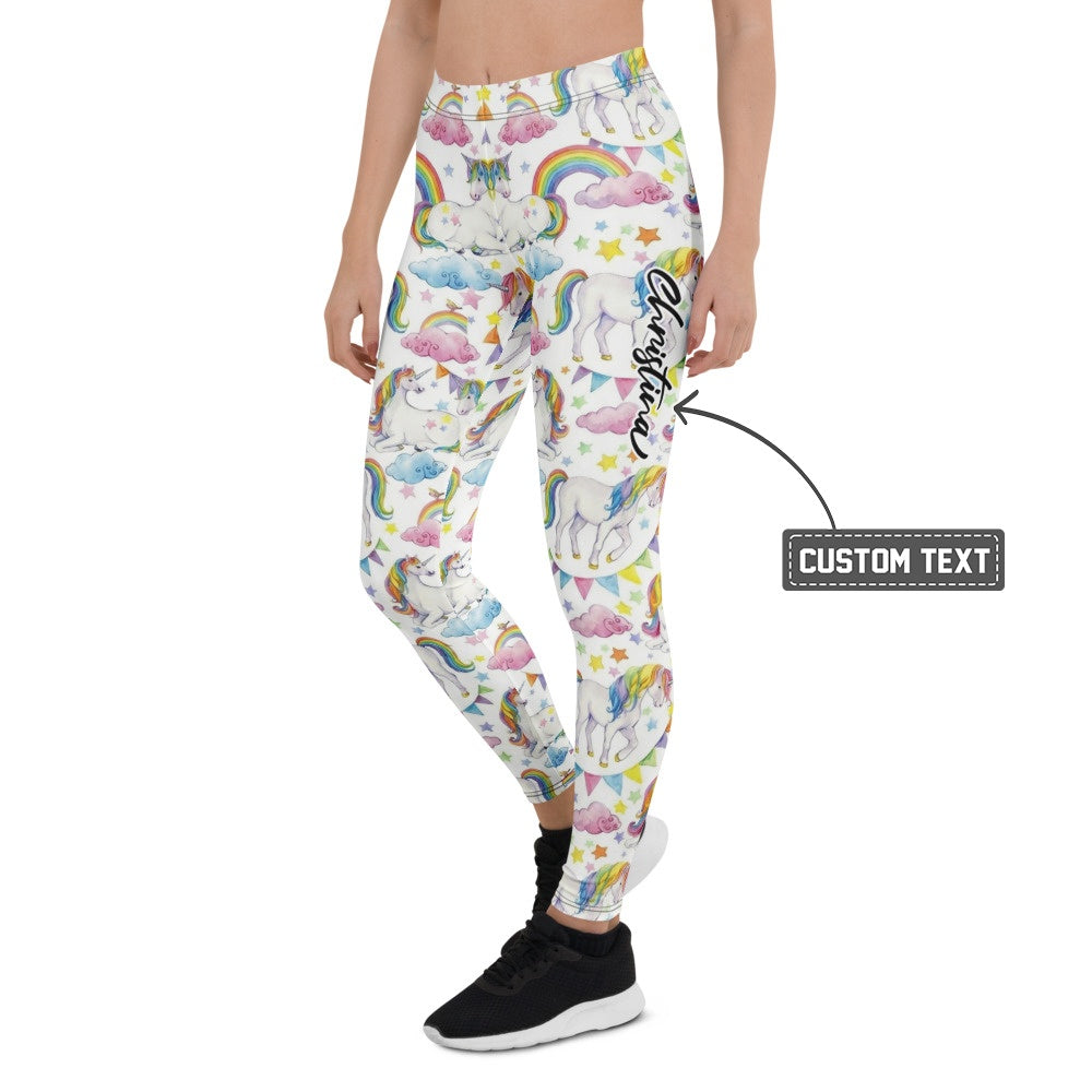 Personalisierte Damen Sportleggings Einhorn Regenbogen Design Weiß Bunt Fitness Yoga Leggings W622 - XL